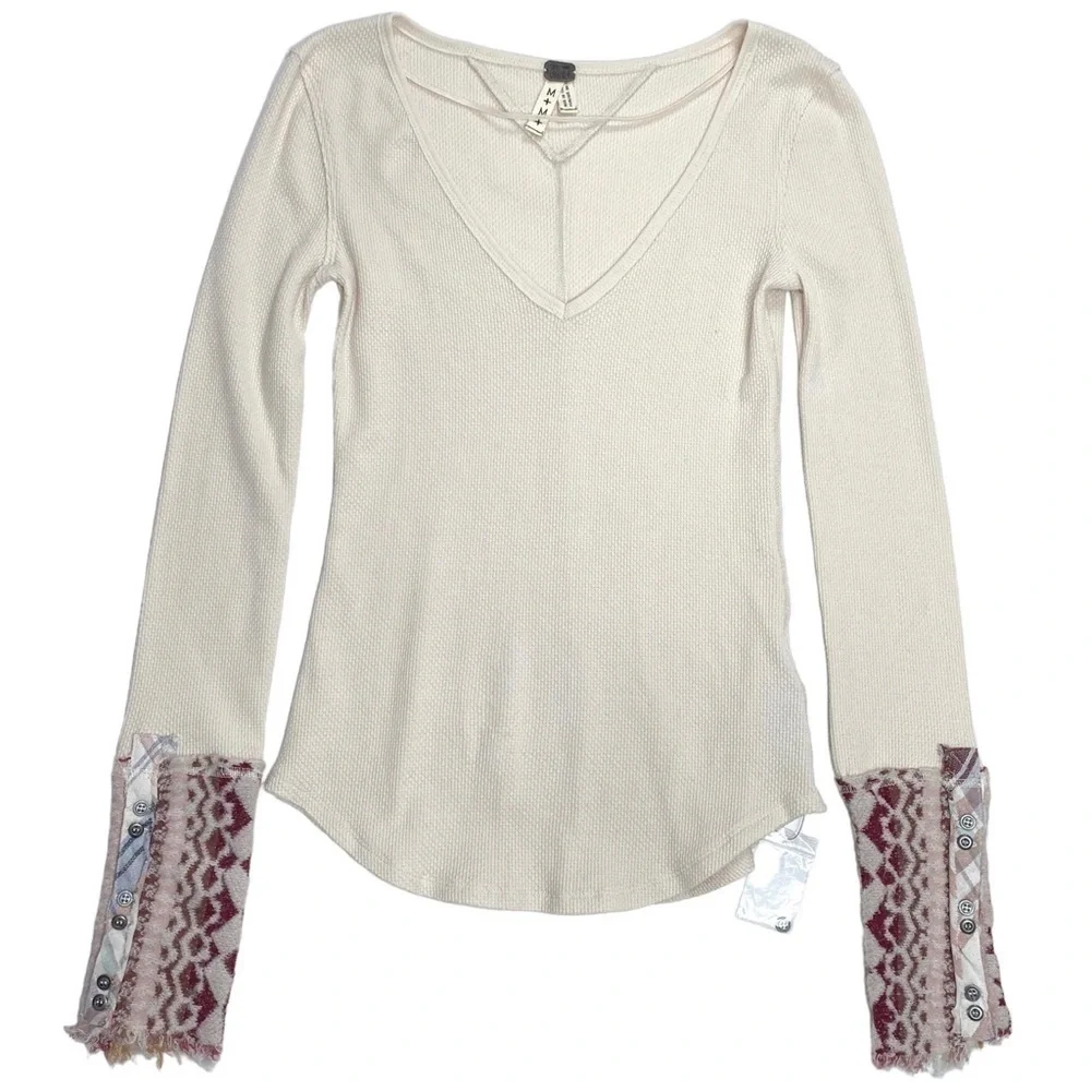 FREE People We the Free Art school cuff V-Neck Thermal Shirt Cream Sz M